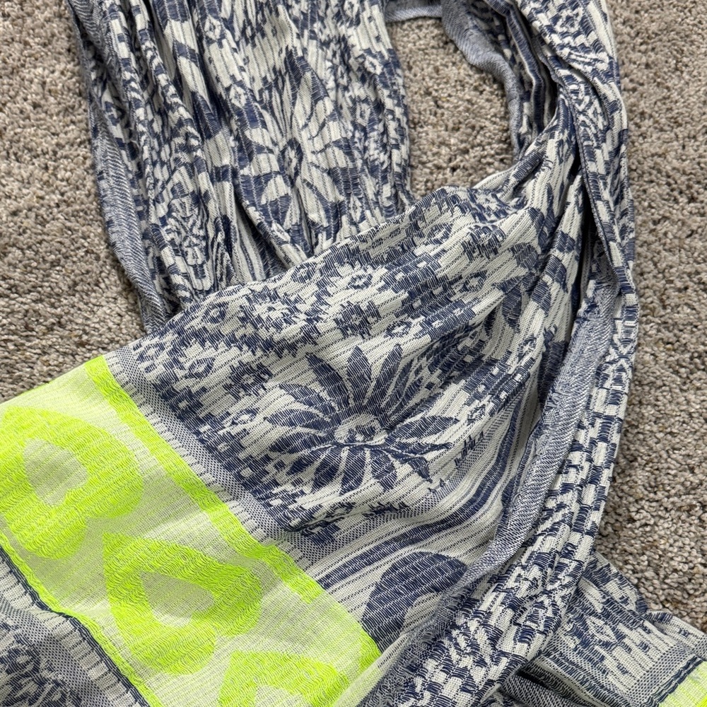 Betsey Johnson Blue White Patterned Scarf with Neon Yellow Accent - Picture 4 of 4